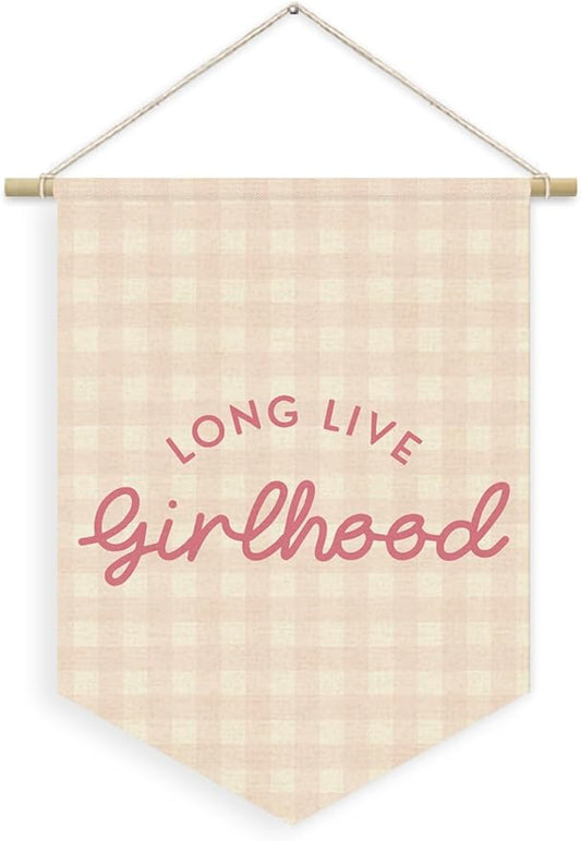 Girl Nursery Decor, Long Live Girlhood Linen Canvas Banner, Pink Checkered Preppy Girly Wall Hanging Pennant Flag Banner for Girls Nursery Kids Toddler Room Bedroom Dorm Decor, 15x11in