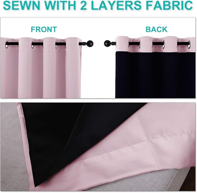 NICETOWN 100% Blackout Lined Curtains, Baby Pink, 1 Pair, 62" Width x 63" Length Each Panel, 2 Thick Layers Completely Blackout Window Treatment Thermal Insulated Drapes for Kitchen/Bedroom