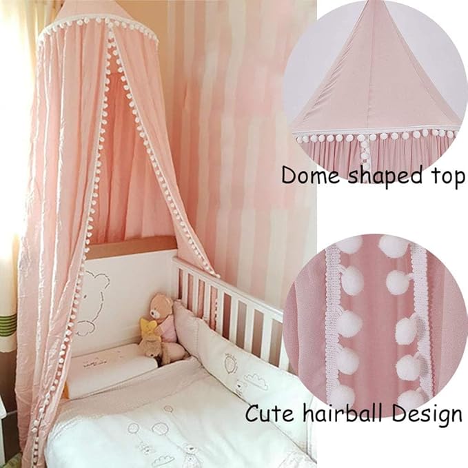 Bed Canopy, Hanging Round Dome Mosquito Net Curtains Tent Canopies Over Cute Princess Style Decoration Crib Ceiling Castle For Girls Baby Kids Boys Child Nursery Bedroom Reading (Pink)