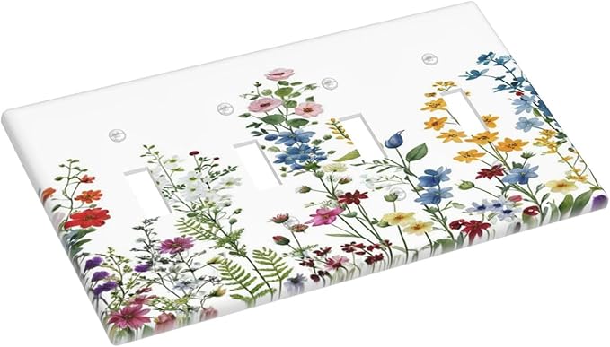Light Switch Cover Colorful Wildflowers Plants Flowers on White Background 4 Gang Switch Plate Covers Quad Toggle Wall Plates Decorative Switchplate Electrical Faceplate for Home Decor