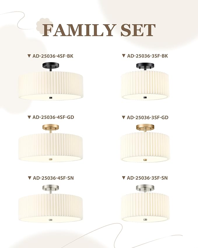 Gold Semi Flush Mount Ceiling Lights, 4-Light 18" Ceiling Light Fixture with White Pleated Fabric Shade, Drum Lamp for Nursery Hallway Bedroom Kitchen, AD-25036-4SF-GD
