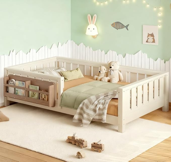 Bellemave Twin Size Floor Bed with high Rails and with Built-in Bookshelf for Kids, Girls, Boys, Wood Montessori Floor Bed Without Door, Beige