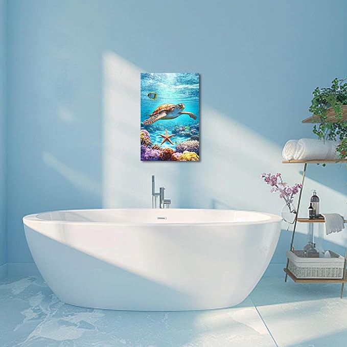 AWPANERAR Sea Turtle Wall Art Bathroom Pictures Watercolor Sea Life Canvas Prints Ocean Animal Poster Nautical Theme Artwork for Kids Room Nursery Decor Framed (Green, (18L x 12W))