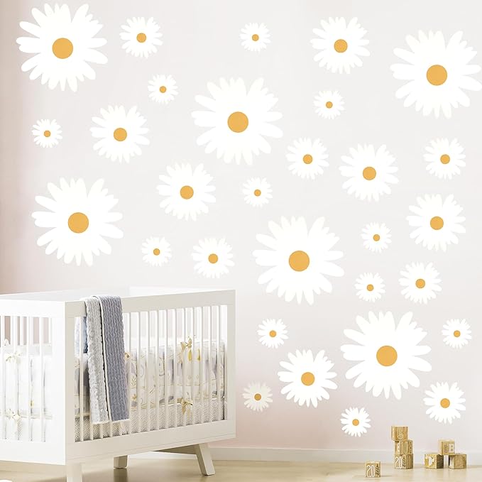 12 Sheets Daisy Wall Decals, White and Yellow Daisy Flowers Wall Stickers, Large Vinyl Peel and Stick Floral Wall Decor for Living Room Bedroom Decoration Baby Girls Room Nursery Room
