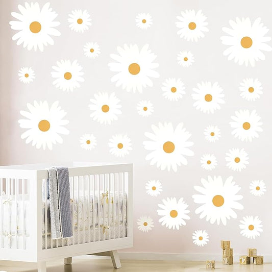 12 Sheets Daisy Wall Decals, White and Yellow Daisy Flowers Wall Stickers, Large Vinyl Peel and Stick Floral Wall Decor for Living Room Bedroom Decoration Baby Girls Room Nursery Room