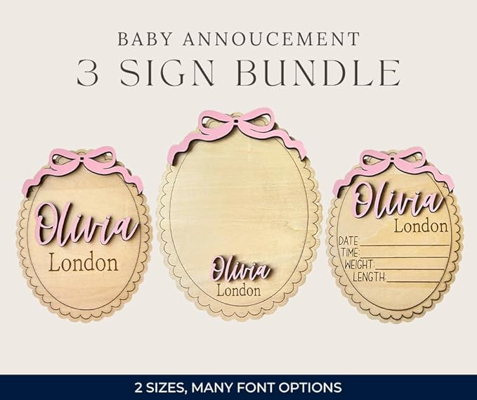 Personalized Baby Announcement Sign Bundle – Set of 3 Custom Wooden Name, Birth Stat & Blank Plaques – Scalloped Edge Newborn Photo Prop & Nursery Keepsake (Bundle 3 Sign Set)
