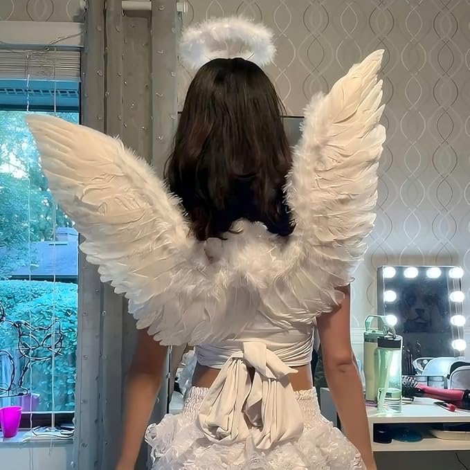 SEVADA Black Angel Wings and Halo for Adult Women, Dark Devil Fallen Feather Angel Wings for Kids Girls