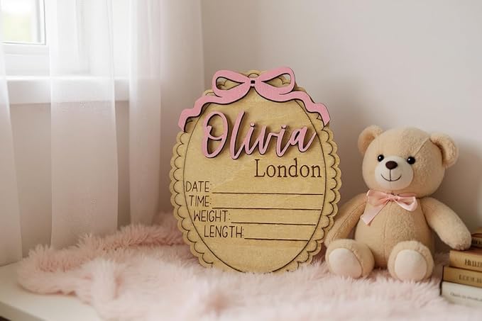 Personalized Baby Announcement Sign Bundle – Set of 3 Custom Wooden Name, Birth Stat & Blank Plaques – Scalloped Edge Newborn Photo Prop & Nursery Keepsake (Bundle 3 Sign Set)