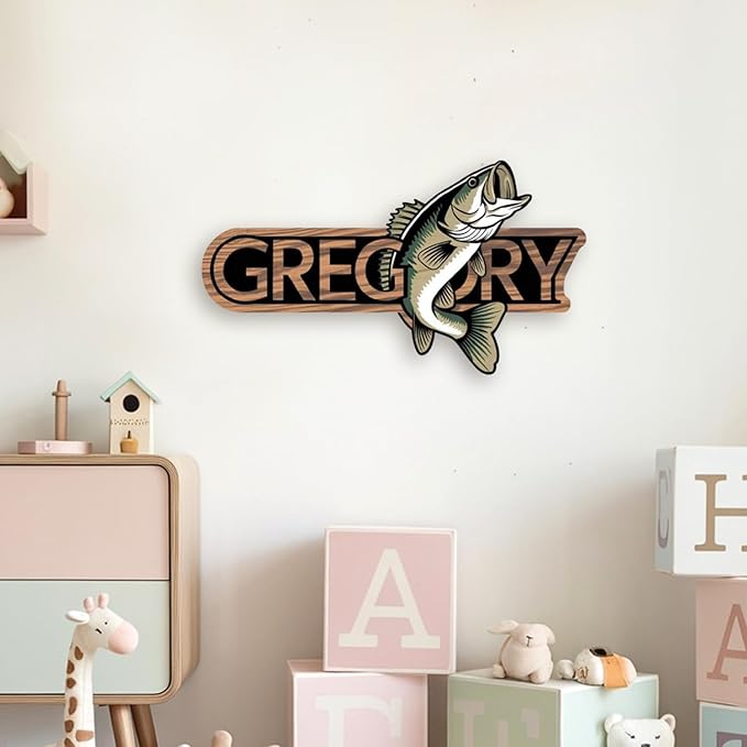 Personalized Nursery Sign, Fishing Wooden Sign with Name, Hello World Newborn Sign, Fishing Sign for Kid Room Decor, Baby Gifts for Boy, Custom Baby Name Sign, Baby Boys Wall Art Bedroom