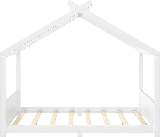 Queen Size Wooden House Floor Bed - Kids Bed Frame with Roof & Support Slats for Bedroom, No Box Spring Needed, Easy Assembly (White)
