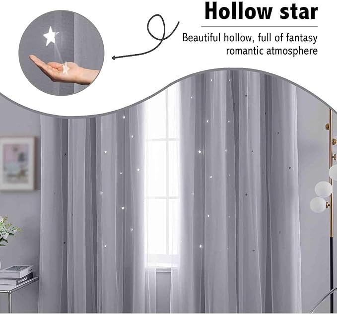 Anytime Romantic Kids Curtain,Hollow-Out Stars Window Curtain Double Layer Blackout Curtains for Girls Bedroom Kids Room 2Panel,(W52 x L63,Greyish White)
