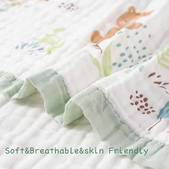 BATTILO PTY 6 Layer Muslin Baby Blankets, Nursery Blankets for Boys Girls, Swaddle Blankets Babt Blanket Neutral Soft Lightweight Toddler and Kids Throw Blanket (Green Squirrel)