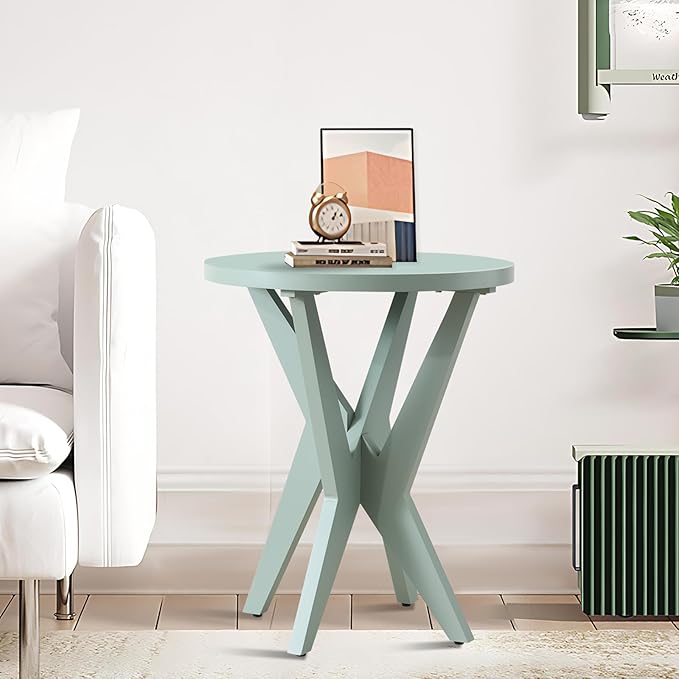 Modern Round End Table Set of 2 with Crossed Legs, Unique Small Green Side Table, Outdoor Accent Table, Easy Assembly Bedside Table for Living Room, Balcony, Small Spaces