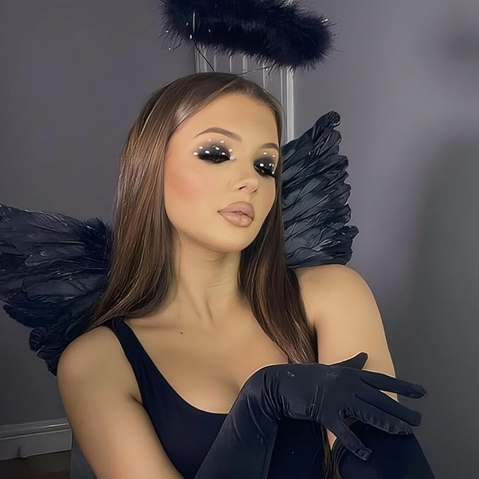 SEVADA Black Angel Wings and Halo for Adult Women, Dark Devil Fallen Feather Angel Wings for Kids Girls