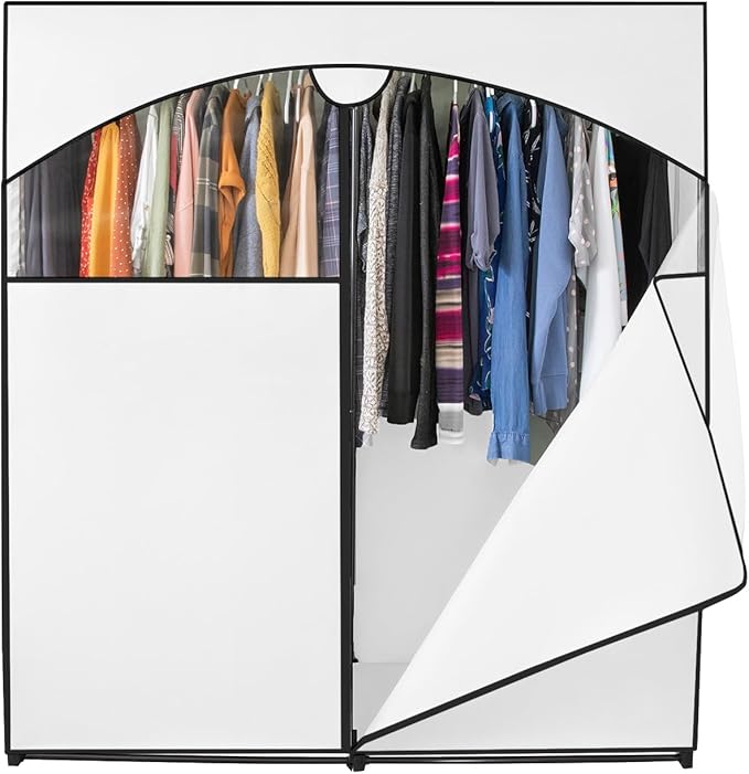 HOLDN’ STORAGE Portable Wardrobe Closet - 65 lb Large Capacity, Internal Heavy Duty Metal Rod, Zipper & Clear Window, Durable Clothes Organizer, Tool-Free Easy Assembly, White Canvas Cover