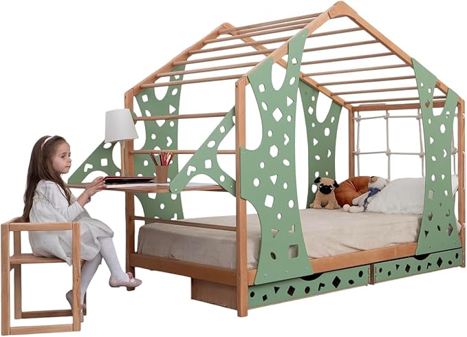 BUSY WOOD Monkey Bed – Twin Frame with Storage & Removable Table – Montessori Indoor Playground – Jungle Gym Furniture for Kids – Toddler Sleeping Frame with 2 Drawers