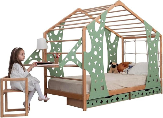 BUSY WOOD Monkey Bed – Twin Frame with Storage & Removable Table – Montessori Indoor Playground – Jungle Gym Furniture for Kids – Toddler Sleeping Frame with 2 Drawers