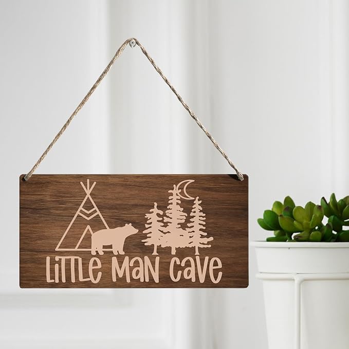 Little Man Cave Sign Woodland Nursery Wall Decor for Baby Boys Nursery Room Decor for Boys Bedroom Farmhouse Sign Rustic Bear Forest Animal Signs 12 × 6 Inch（Wood 4008）