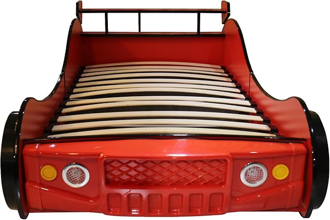LKTART Twin Size Car Bed for Kids, Race Car-Shaped Wooden Platform Bed Frame with Headboard Wheels and Support Slats for Boys Toddlers Child's Bedroom (Red)