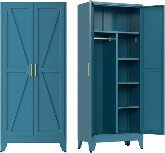 Metal armoire Wardrobe Closet with Hanging Rod,71'' Metal Wardrobe Cabinet with 2 Doors and 4 Adjustable Shelves, Bedroom armoires,Laundry Room cabinets,armario de ropa Closet