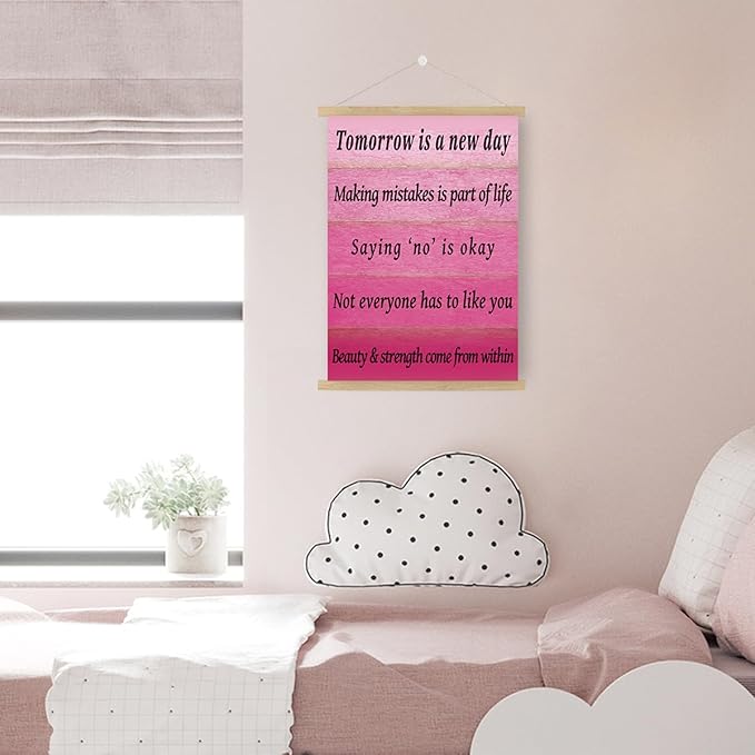 Qswo Inspirational Quotes Wall Decor for Women,Tomorrow Is a New Day Pink Wall Art Poster Hanger Frame,Motivational Hanging Canvas Wall Decor for Girl Room Home Office