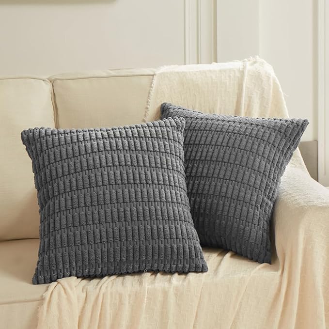 Fancy Homi 2 Packs Dark Grey Decorative Throw Pillow Covers 20x20 Inch for Living Room Couch Bed Sofa, Rustic Farmhouse Boho Home Decor, Soft Striped Corduroy Square Cushion Case 50x50 cm