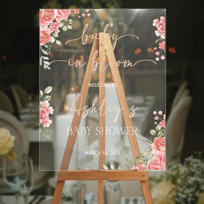 Personalized Pink Roses Baby in Bloom Welcome Sign - Elegant Floral Baby Shower Announcement Sign - Girl Entrance Decor