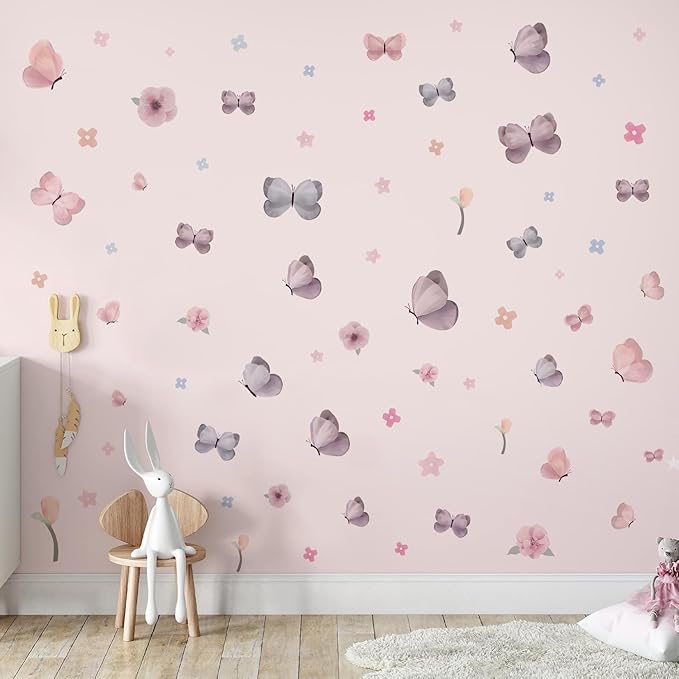 Watercolor Butterfly Wall Decals and Flower Wall Decor - 70 PCS Removable Peel and Stick Wall Stickers for Girls Room, Nursery, Kids Bedroom, Home Art Decals