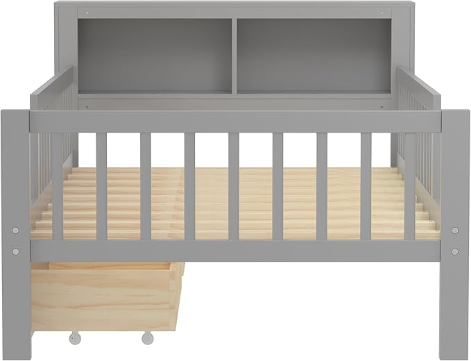 Wood Twin Size Platform Bed with Safety Fence for Kids Boys Girls, Platform Bed Frame with Practical Headboard and 2 Under-Bed Drawers, Sturdy Slats Support (Gray-3.15)