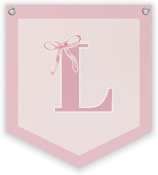 Lacama Initial Personalized Preppy Banner, Baby Shower Decor Girl Nursery Decor, Coquette Pink Bow Teen Girl Gifts, Vintage Room Toddler Room Bedroom Playroom Front Door Birthday Gift(L)