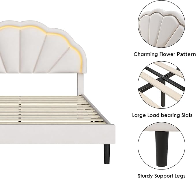 HIFIT Queen Upholstered Smart LED Bed Frame with Adjustable Chic Petal Headboard, Soft Princess Queen Size Platform Bed Frame for Girls, Wooden Slat Support, No Box Spring Needed, Easy Assembly, Beige