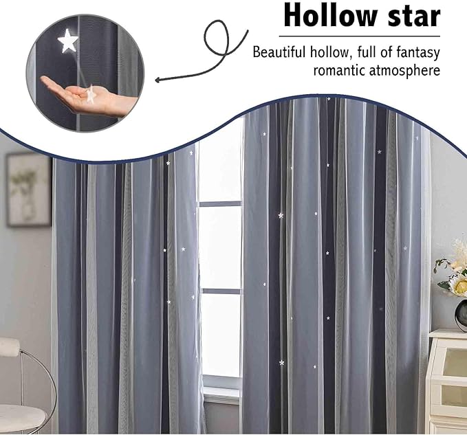 Anytime Romantic Kids Curtain,Hollow-Out Stars Window Curtain Double Layer Blackout Curtains for Girls Bedroom Kids Room 2Panel,(W52 x L84,Navy Blue)