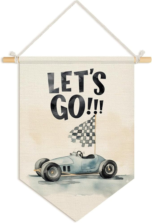 Wheatwin Boys Room Decor, Let's Go Race Car Wall Hanging Pennant Flag Banner, Race Car Playroom Wall Decor for Kids Boys Toddler Nursery Room Bedroom 15x11 Inch