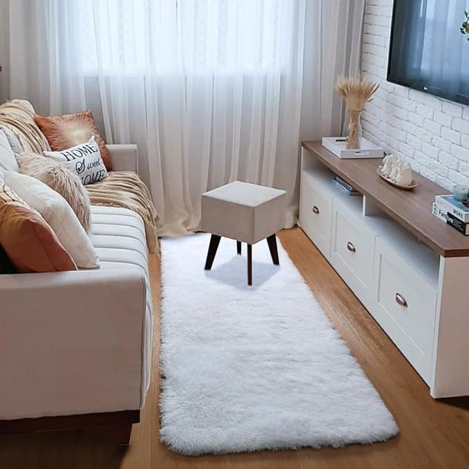 ONASAR White Runner Rugs for Bedroom Living Room, Washable Luxury Bedside Fluffy Area Rug 2x6 Feet, Ultra Soft Plush Faux Fur Floor Throw Carpet for Hallway Nursery Kids Dorm Home Decor Aesthetic