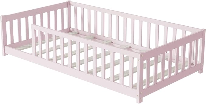 Ball & Cast Twin Size Montessori Floor Bed,Wooden Floor Bed Frame with Wood Slats,Montessori Toddler Bedframe W/Door and Safety Guardrails for Girls Boys,Bedroom,Playroom,No Box Spring Needed,Pink