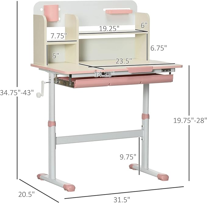 Qaba Wooden Kids Study Desk, Height Adjustable Children School Study Table, Student Writing Desk with Tilt Desktop, Drawer, Storage Shelf, Pen Holder, Pink