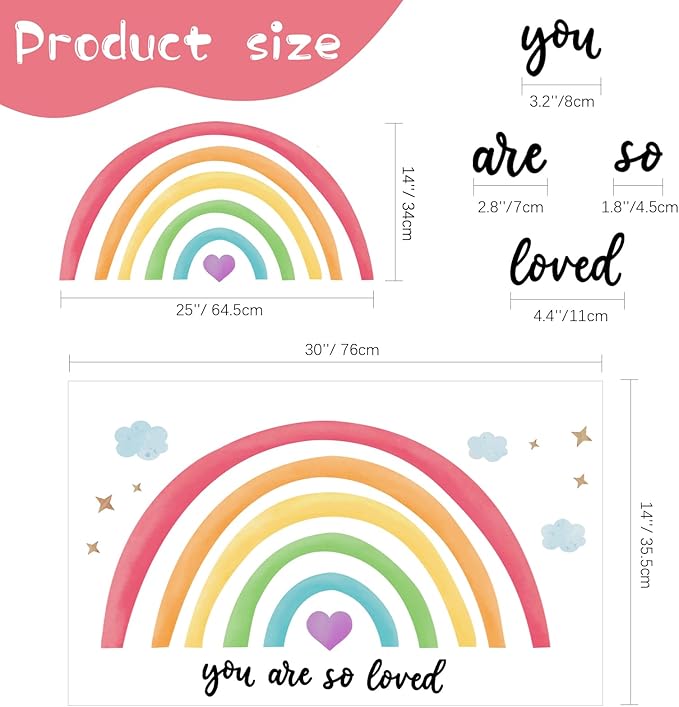 Containlol Rainbow Wall Decals, Playroom Wall Decor for Girl Room, Watercolor Peel and Stick Wallpaper, Boho Wallpaper 30 x 14 Inch Heart Art Stickers for Toddler Bedroom Nursery(Dark Color,Bright)