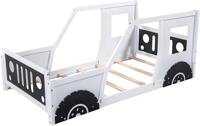 Bellemave Twin Size Toddler Bed, Classic Car-Shaped Platform Bed with Wheels, Wood Twin Montessori Floor Bed for Kids Boy Girls (White+Black)