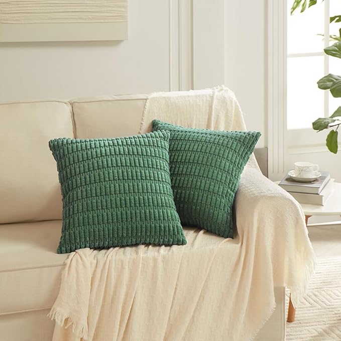 Fancy Homi 2 Packs Green Decorative Throw Pillow Covers 24x24 Inch for Living Room Couch Bed Sofa, Rustic Farmhouse Boho Home Decor, Soft Striped Corduroy Square Cushion Case 60x60 cm