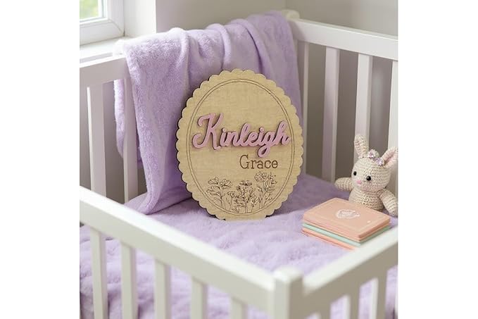 Personalized 3D Baby Name Sign with Floral Design, Scallop Engraved Birth Announcement Plaque, Baby Shower - Newborn Keepsake (Name + Stat Sign Bundle)