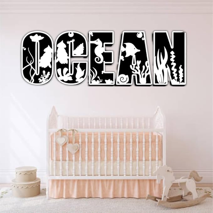 Personalized Wooden Name Sign - Custom Baby Name Signs for Nursery & Kids Room, Baby Announcement Sign, Wall Name Signs Personalized, Round Wooden Letters for Nursery Decor (Sea Animal 3D)