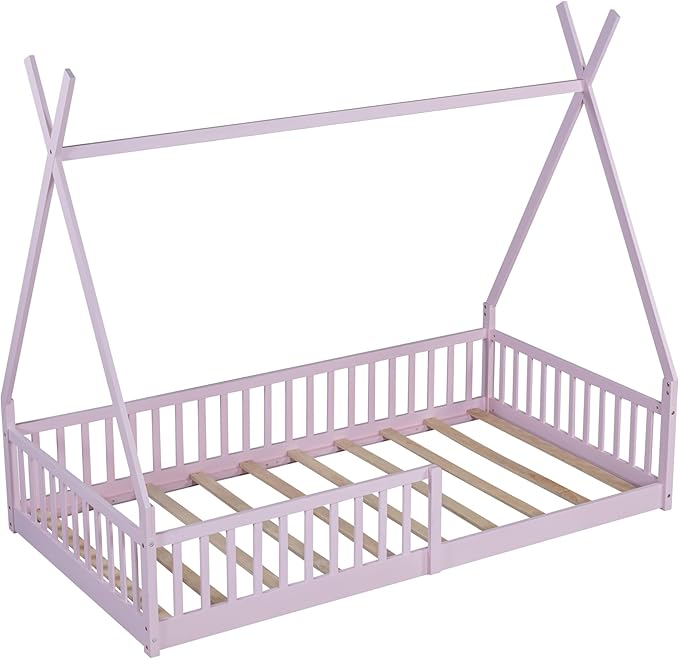 Merax Twin Size House Platform Frames Bed Floor Bed with Fence for Boys or Girls, No Box Spring Needed(Slats Kit Included), Pink