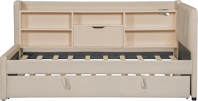 Twin Size Daybed with Trundle and Storage L-Shaped Bookshelf Headboard, Velvet Upholstered Soft Corner Bed with Charging Station and Shelves for Kids Boys Girls, Beige