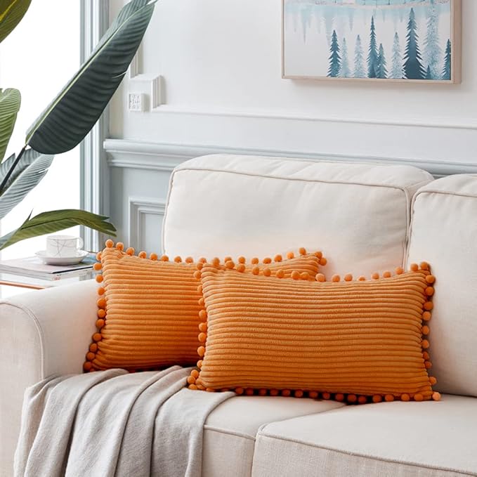 Fancy Homi Pack of 2 Fall Lumbar Decorative Throw Pillow Covers with Pom-poms, Soft Corduroy Solid Rectangle Cushion Cases for Couch Sofa Bed Living Room, Fall Home Decor (12x20 Inch/30x50 cm, Orange)