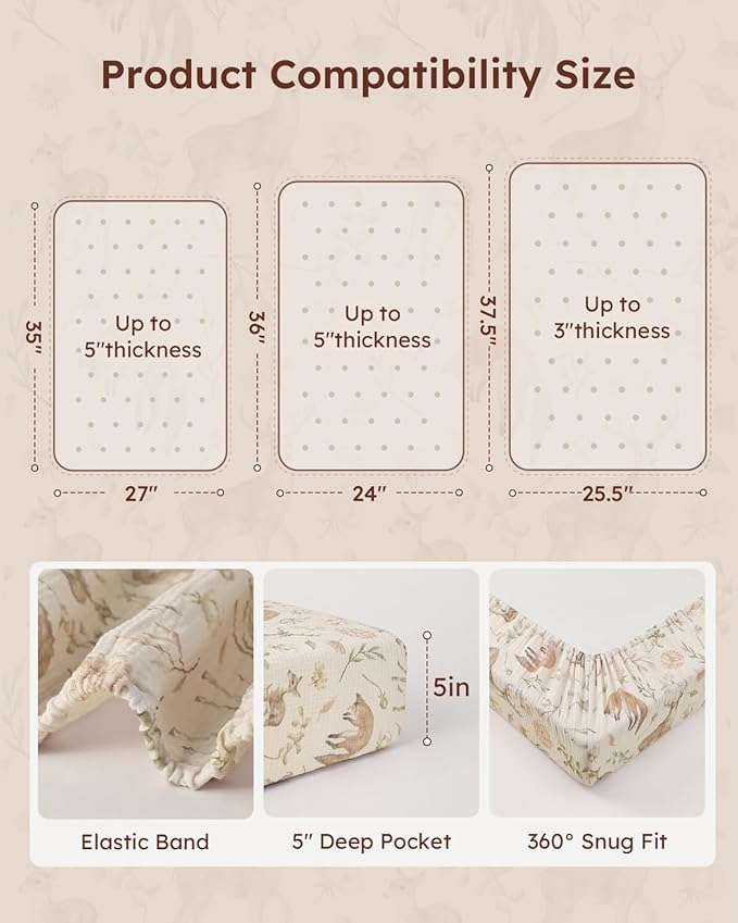 Yoofoss Muslin Pack and Play Sheets Fitted, Organic Mini Crib Sheets for Boys Girls, Playard Sheet Compatible with Pack N Play Mattress, Soft, Breathable and Durable 38"x26"