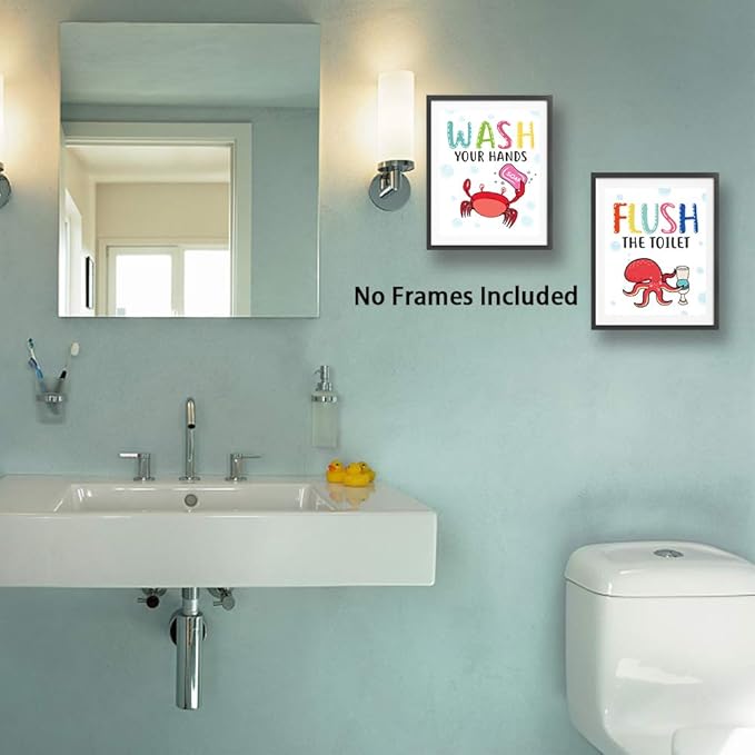 Funny Colorful Cartoon Sea Life Themed Bathroom Inspirational Quotes Art Print Humorous Quotes Painting, Toilet Rules Art Picture for Children Washroom Bathroom Decor, Set of 4 8X10 inch, No Frame