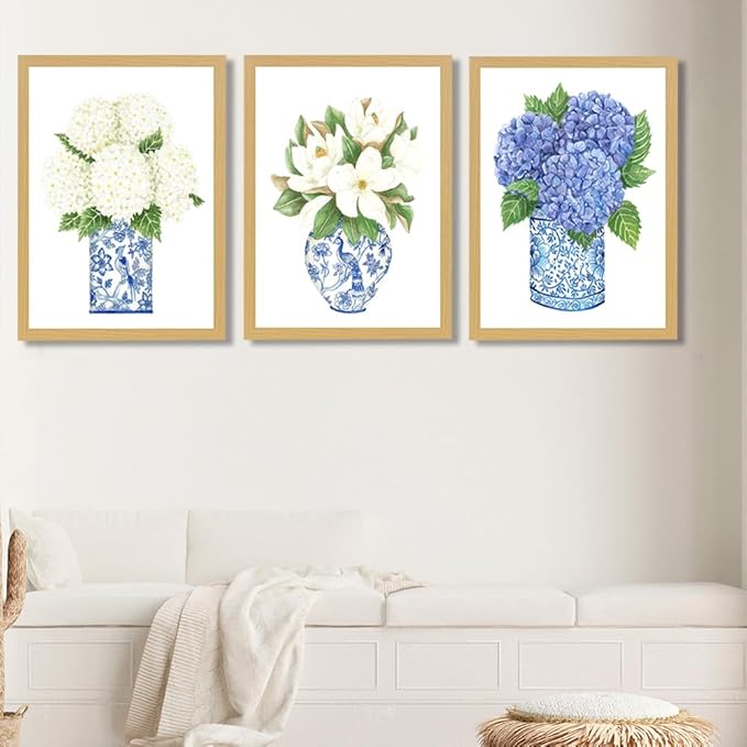 LUHDFYS Blue White Willow Style Ginger Jar Watercolor Chinoiserie Decor Canvas Painting Orchid Oriental Vase Porcelain Flower Jar Prints Polystyrene frame (12x16Inch Framed)