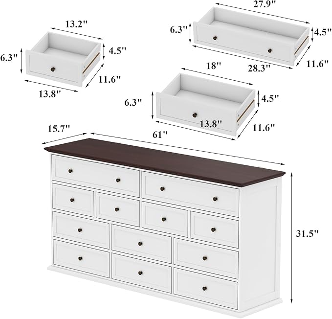 12 Drawer Dresser Chest of Drawers, White Dresser for Bedroom, Retro Wood Dressers with 12 Drawers, for Living Room Bedroom Hallway, White and Brown 15.7”D x 61”W x 31.5”H