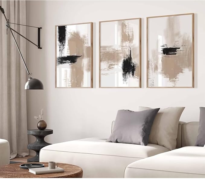 Joocrise Beige Abstract Wall Art Painting Set of 3 Neutral Canvas Wall Art Prints Black Beige Modern Wall Decor Minimalist Art Pictures Abstract Modern Artwork for Room Bedroom 24x36 Inch Unframed