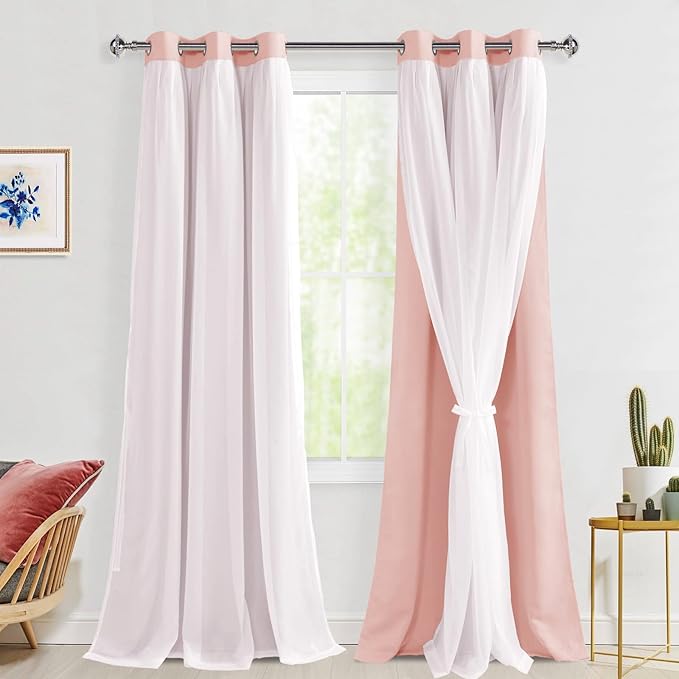 Hiasan Blackout Curtains with Sheer Overlay, Thermal Insulated Mix & Match Double Layer Room Darkening Window Curtains for Bedroom,Living Room,Nursery 2 Panels with Tiebacks (42W X 96L,Blush Pink)